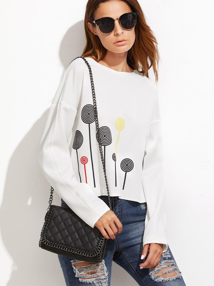 Shein White Geo Print Drop Shoulder Crop Sweatshirt