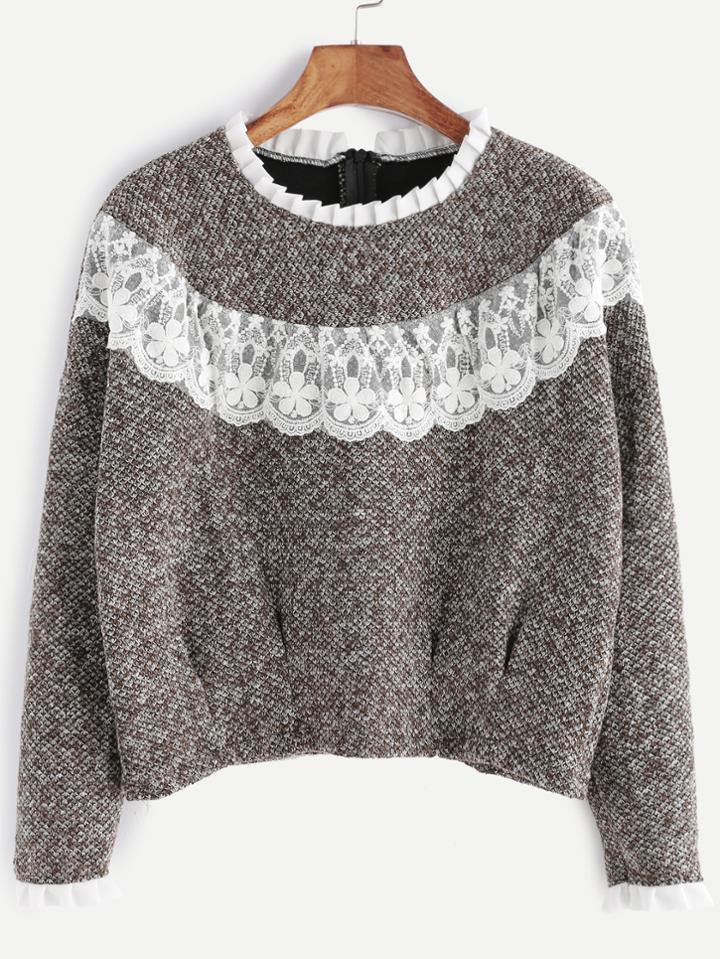 Shein Khaki Contrast Lace Ruffle Trim Sweatshirt