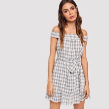 Shein Self Belted Tartan Ruffle Dress