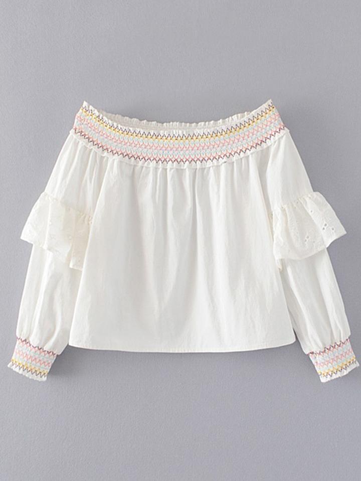 Shein Boat Neckline Ruffle Trim Embroidery Top