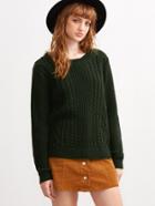 Shein Dark Green Cable Knit Round Neck Sweater
