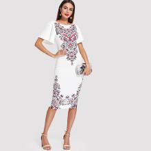 Shein Flutter Sleeve Ornate Print Split Dress