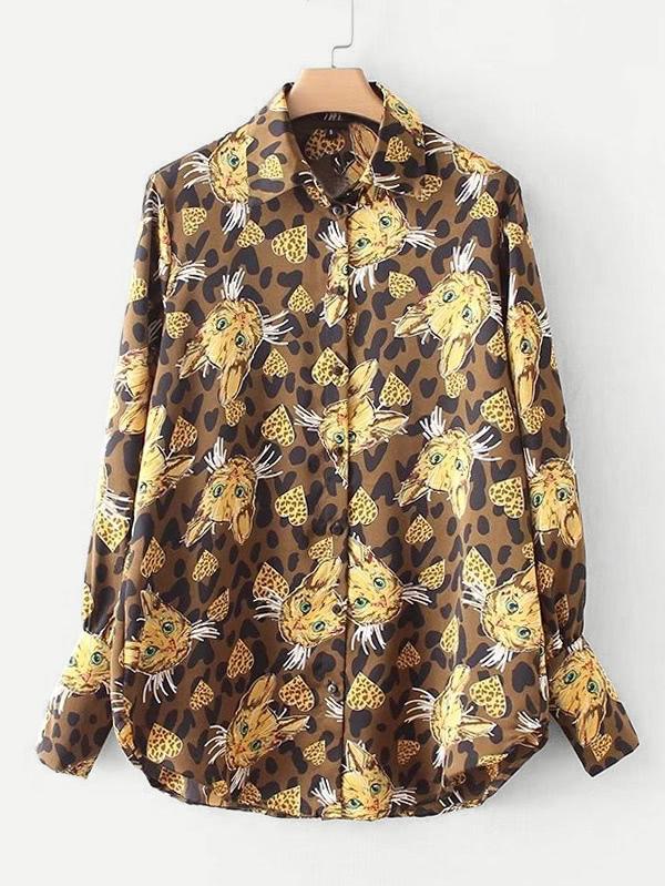 Shein All Over Cat Print Leopard Shirt