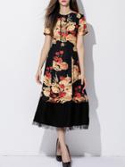 Shein Black Tie Neck Print A-line Dress