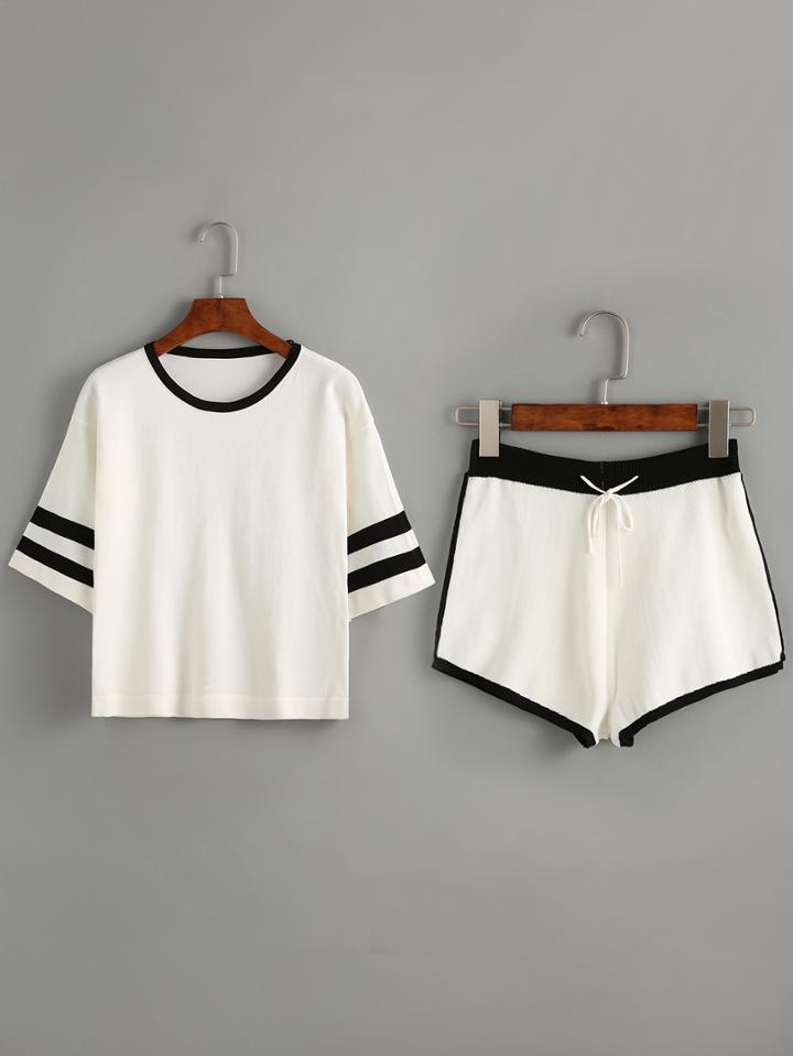 Shein Contrast Striped Trim Top With Drawstring Shorts