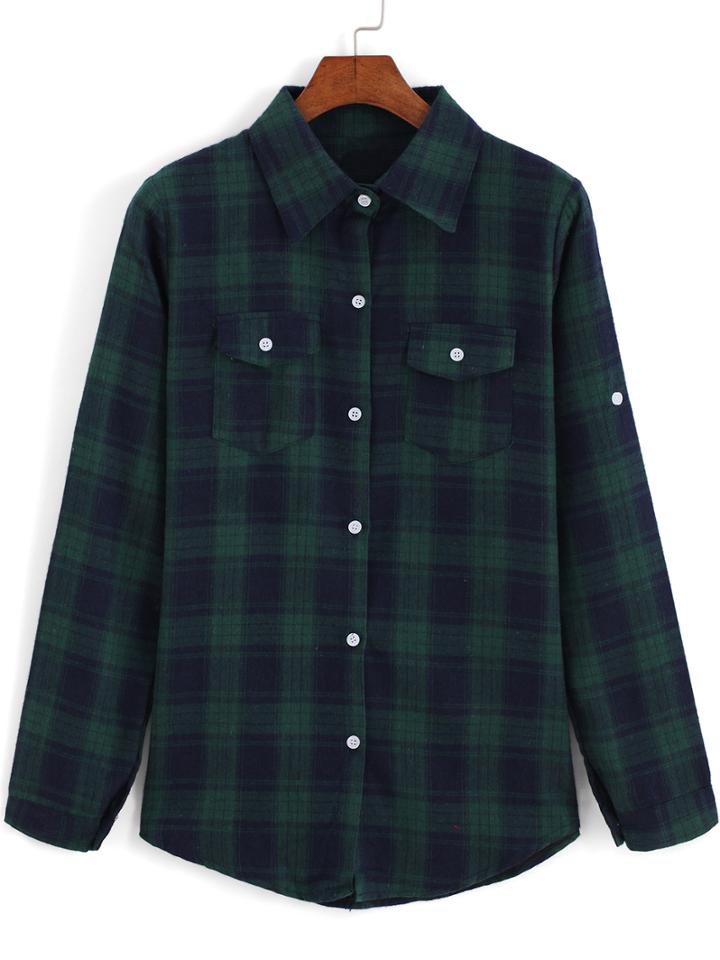 Shein Blue Green Lapel Long Sleeve Plaid Checkered Blouse