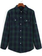 Shein Blue Green Lapel Long Sleeve Plaid Checkered Blouse