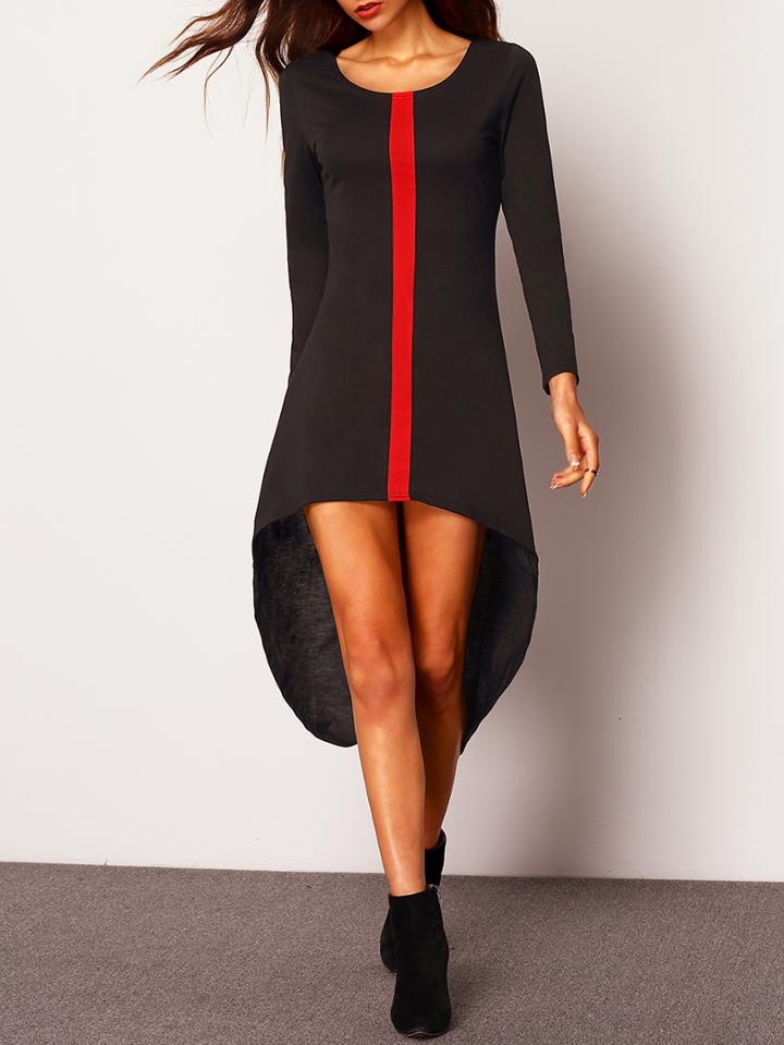 Shein Black Round Neck Long Sleeve High Low Dress