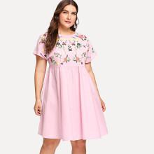 Shein Plus Flower Embroidered Tie Up V Back Smock Dress