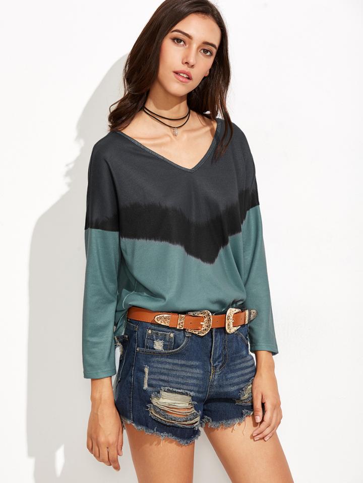 Shein Color Block Chevron Print High Low T-shirt