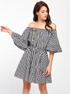 Shein Embroidered Patch Trumpet Sleeve Checkered Bardot Dress