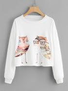 Shein Cartoon Owls Print Crop Sweatshirt