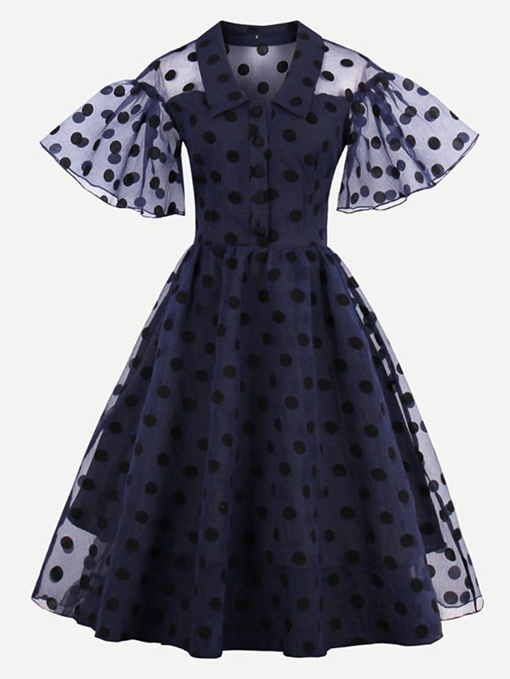 Shein Dot Mesh Overlay Fluted Sleeve Swing Dress