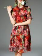 Shein Multicolor Tie Neck Elastic-waist Print Pleated Dress