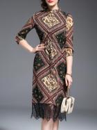 Shein Multicolor Vintage Print Contrast Lace Dress