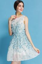 Shein Blue Minis Sleeveless Luxury Deluxe Panoply Gorgeous Splendid Delicate Applique Embroidered Chiffon Flapper Dress