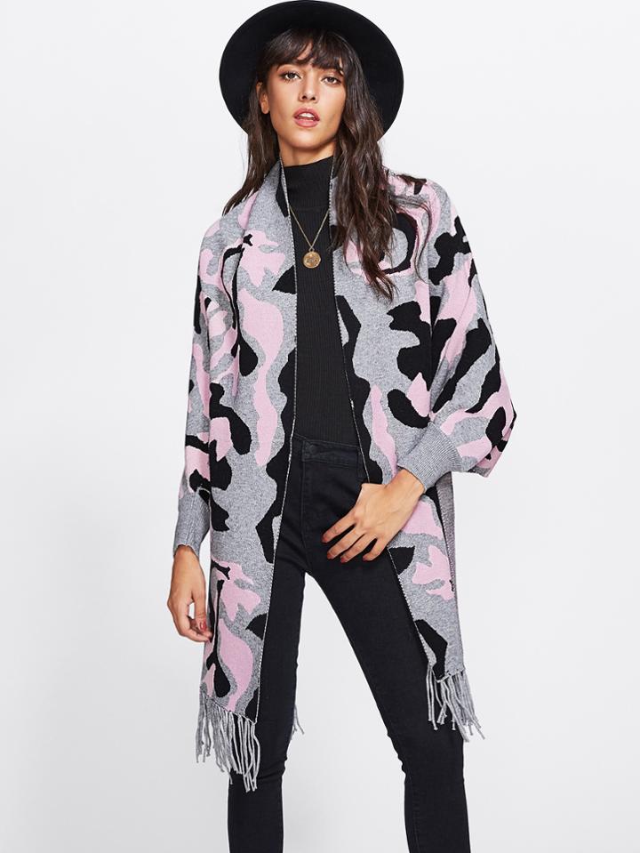 Shein Graffiti Print Fringe Hem Dolman Sweater