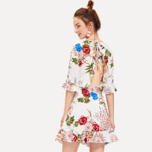 Shein Ruffle Cuff And Hem Botanical Dress