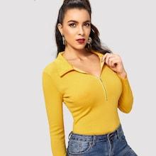 Shein Zip Up Ribbed Knit Solid Tee