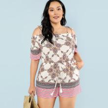 Shein Plus Tribal Print Tie Shoulder Romper
