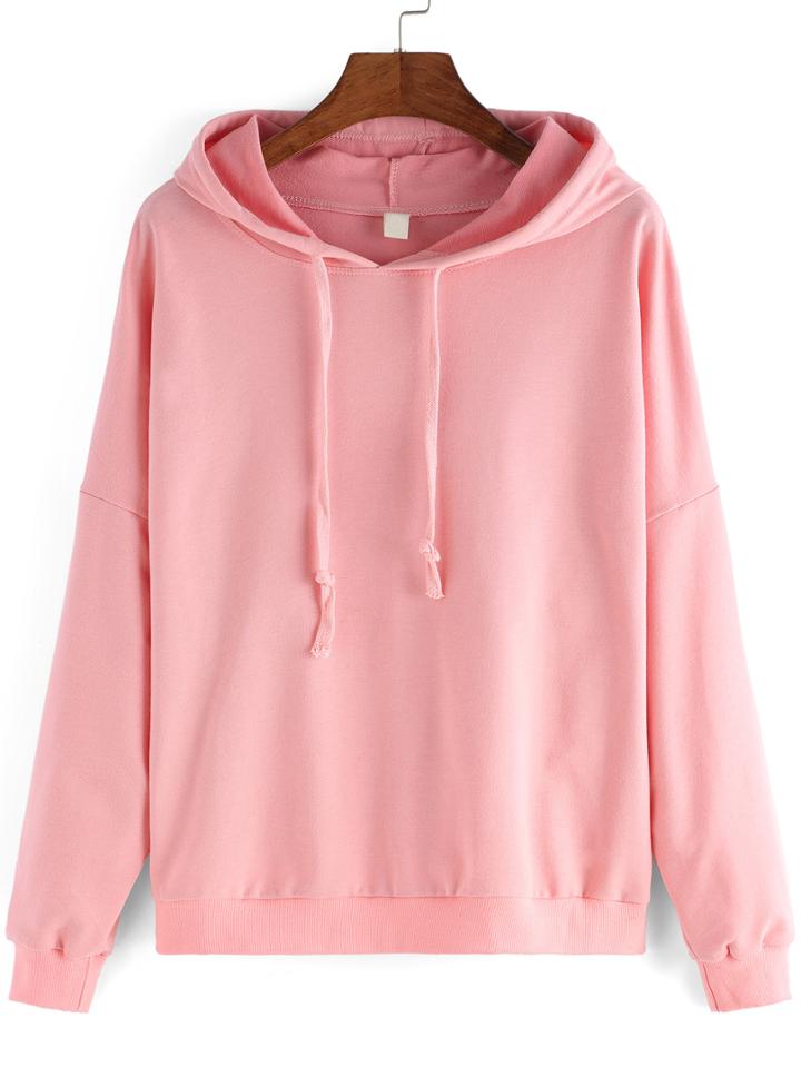 Shein Pink Hooded Drawstring Loose Sweatshirt