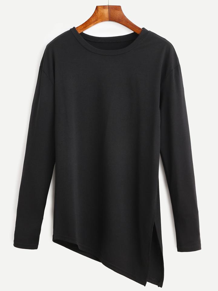 Shein Black Asymmetrical Slit Side Long Sleeve T-shirt