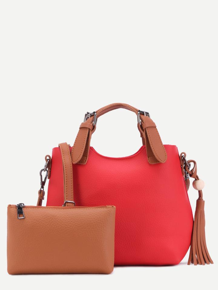 Shein Red Pu Tassel Trim Convertible Handbag With Clutch