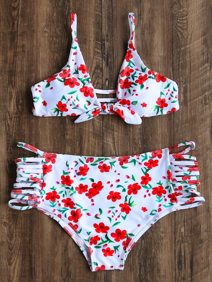 Shein White Floral Print Ladder Cutout Bikini Set