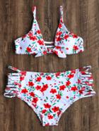 Shein White Floral Print Ladder Cutout Bikini Set