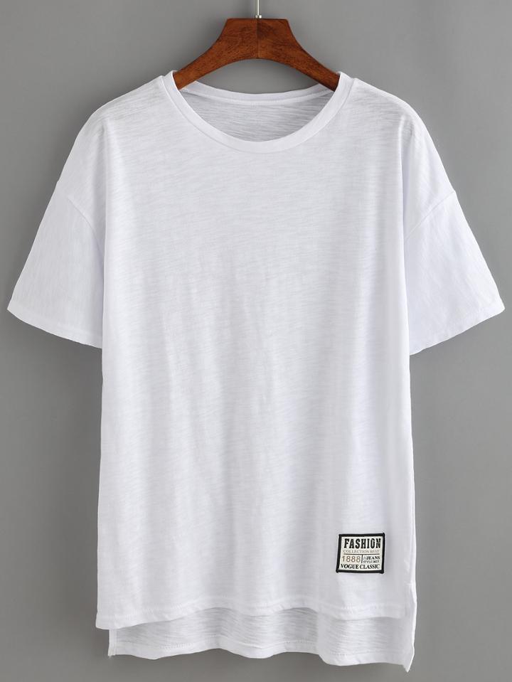 Shein White Dip Hem Split Patch T-shirt