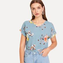 Shein Roll Up Sleeve Floral Top