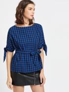 Shein Blue Checkered Tie Sleeve Belted Top