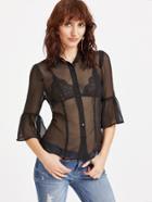 Shein Black 3/4 Bell Sleeve Sheer Mesh Blouse