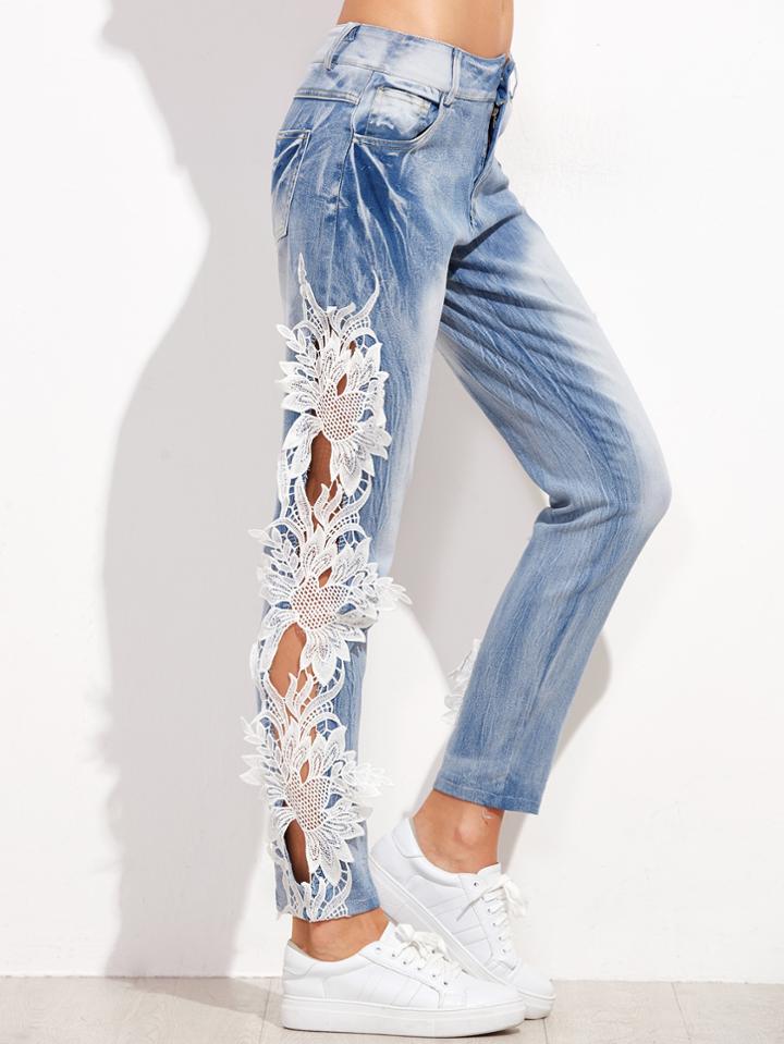 Shein Blue Bleach Wash Lace Crochet Trim Hollow Out Jeans