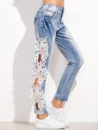 Shein Blue Bleach Wash Lace Crochet Trim Hollow Out Jeans