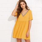 Shein Embroidery Tape Neck Cuffed Smock Dress