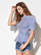 Shein Bow Tie Puffed Sleeve Lace Up Striped Blouse