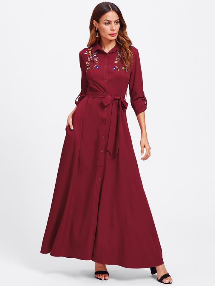 Shein Embroidered Yoke Roll Sleeve Belted Shirt Dress