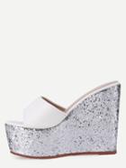 Shein White Block Open Toe Silver Wedge Sandals