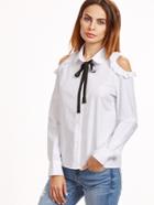 Shein White Contrast Tie Neck Frilled Open Shoulder Blouse