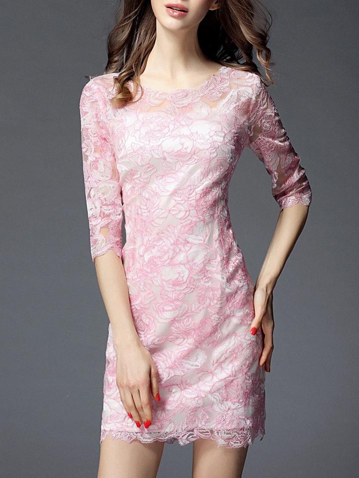 Shein Pink Embroidered Lace Sheath Dress