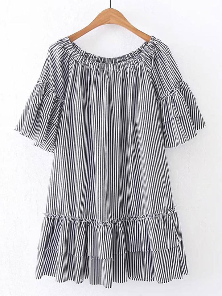 Shein Boat Neckline Pinstripe Tiered Dress