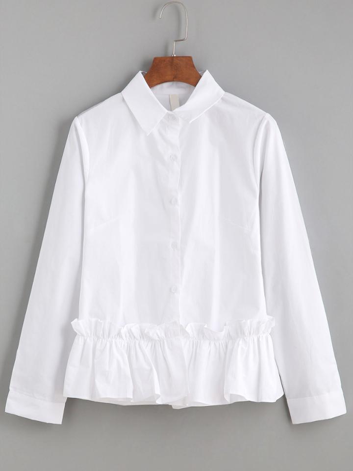 Shein White Ruffle Trim Long Sleeve Shirt