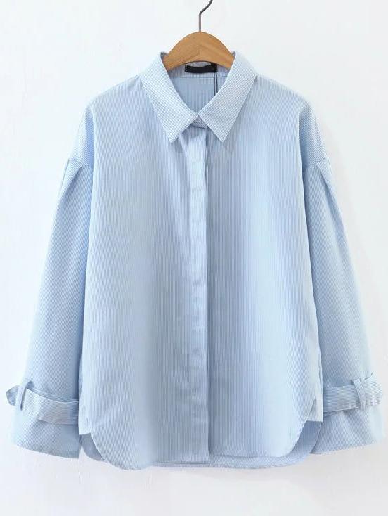 Shein Blue Vertical Striped Adjustable Cuff Blouse