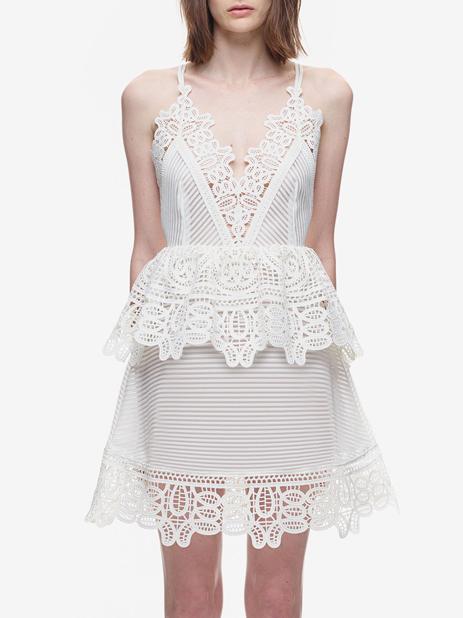 Shein White Spaghetti Strap Hollow Lace Flare Dress