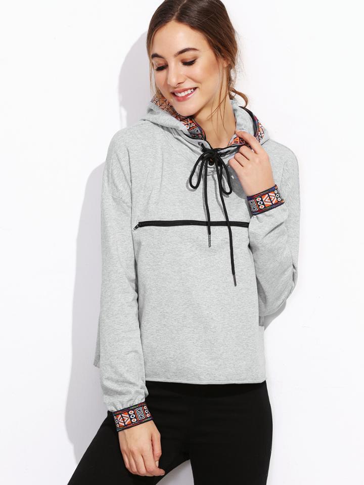 Shein Heather Grey Geo Trim Zip Front Hoodie