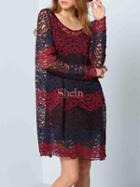Shein Red Navy Long Sleeve Color Block Lace Dress