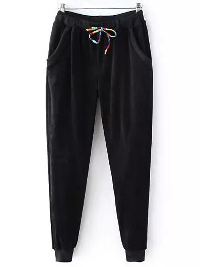 Shein Black Drawstring Waist Velvet Pant