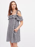 Shein Self Tie Shoulder Layered Frill Mixed Gingham Dress