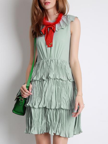 Shein Green Tie Neck Ruffle Pleated Dress
